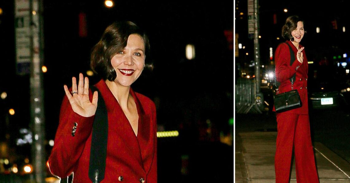 Maggie Gyllenhaal Turns Heads In Incredible Red Pantsuit While Leaving ‘The Late Show With Stephen Colbert’ — Get The Look