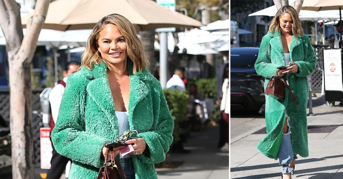 Green Goddess! Chrissy Teigen Steps Out In Beverly Hills For Some Holiday Shopping Wearing A $1,600 Neon Nour Hammour Sherpa Coat — Get The Look For Less Than $100