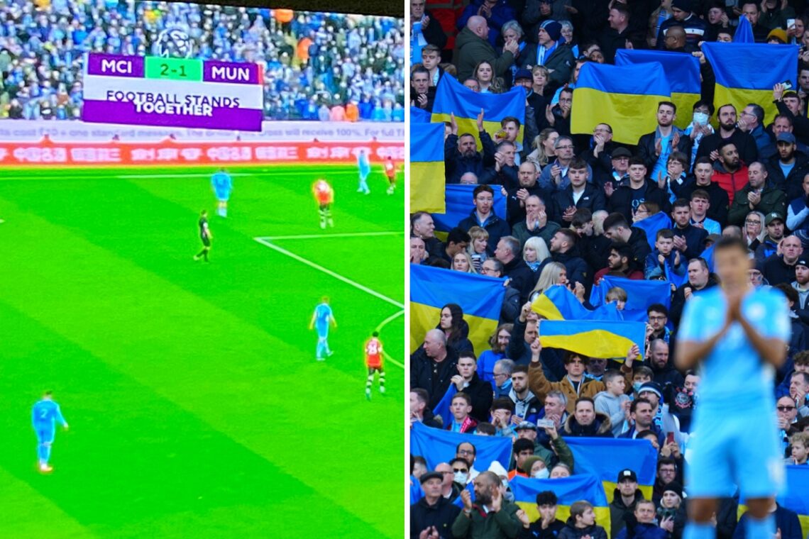 Russian broadcaster shows pro-Ukraine message during Manchester derby despite cutting pre-game footage to hide support