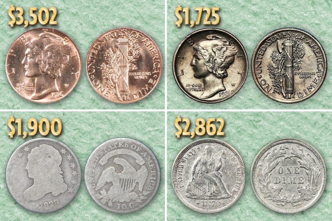 Four dimes that have sold for at least $1,700