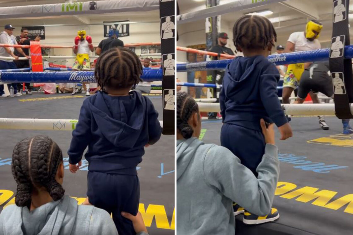Watch 45-year-old Floyd Mayweather sparring in preparation for Don Moore fight with grandson standing on ring mat