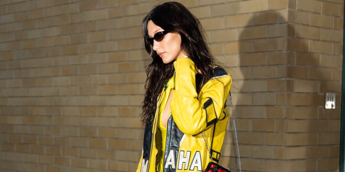 Bella Hadid Swaps Her Baby Tee for a Yellow Leather Racing Jacket