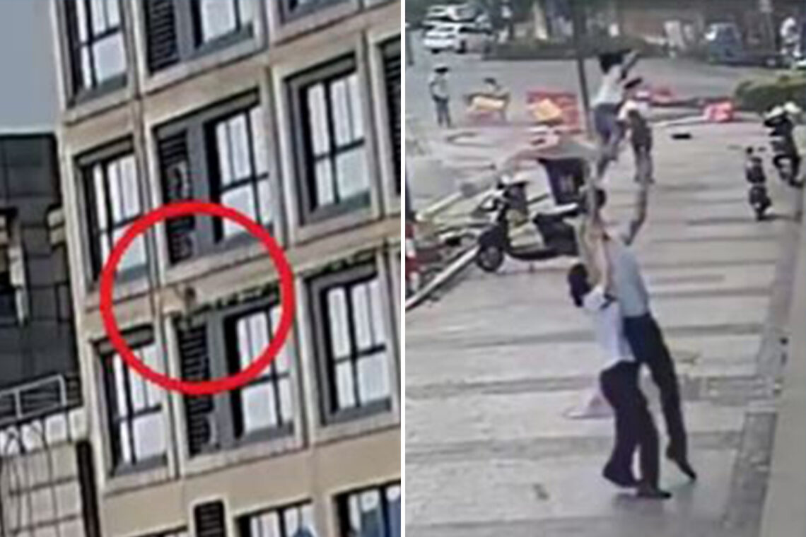 Heart-stopping moment man CATCHES two-year-old girl who plunged from fifth floor flat