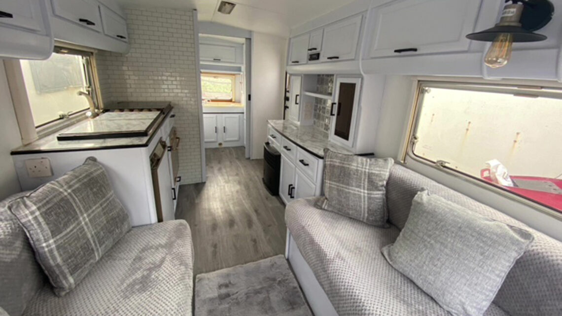We bought a grotty old caravan and completely transformed it for £400 using B&Q bargains – people are amazed