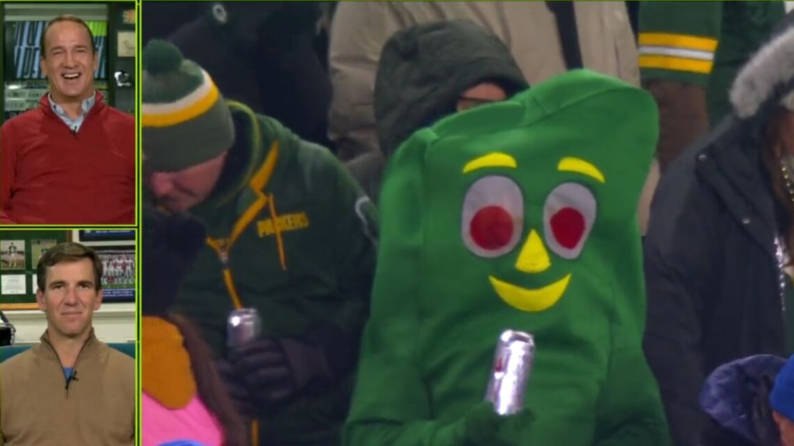 Peyton and Eli Manning speechless as NFL fan dressed as Gumby uses ‘crazy technique’ to chug beer