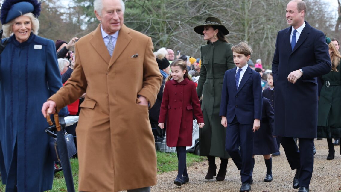 Prince William, Kate, George, Charlotte and Louis beam with festive smiles as they join King Charles on Christmas walk