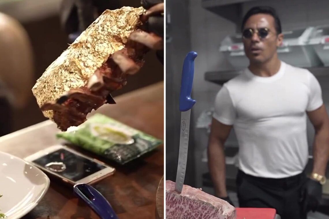 Cringeworthy moment Salt Bae drips juice from steak on customer’s phone as followers brand latest stunt ’embarrassing’